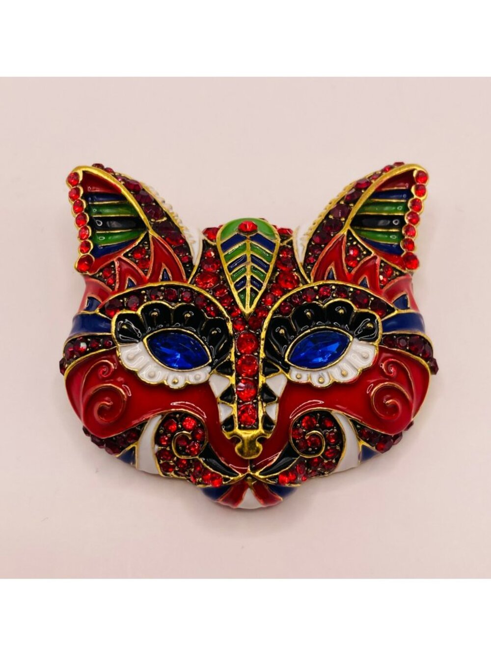 New Colorful Rhinestone Cat Mask Brooch Pin Red & Multicolor Enamel Details -6B